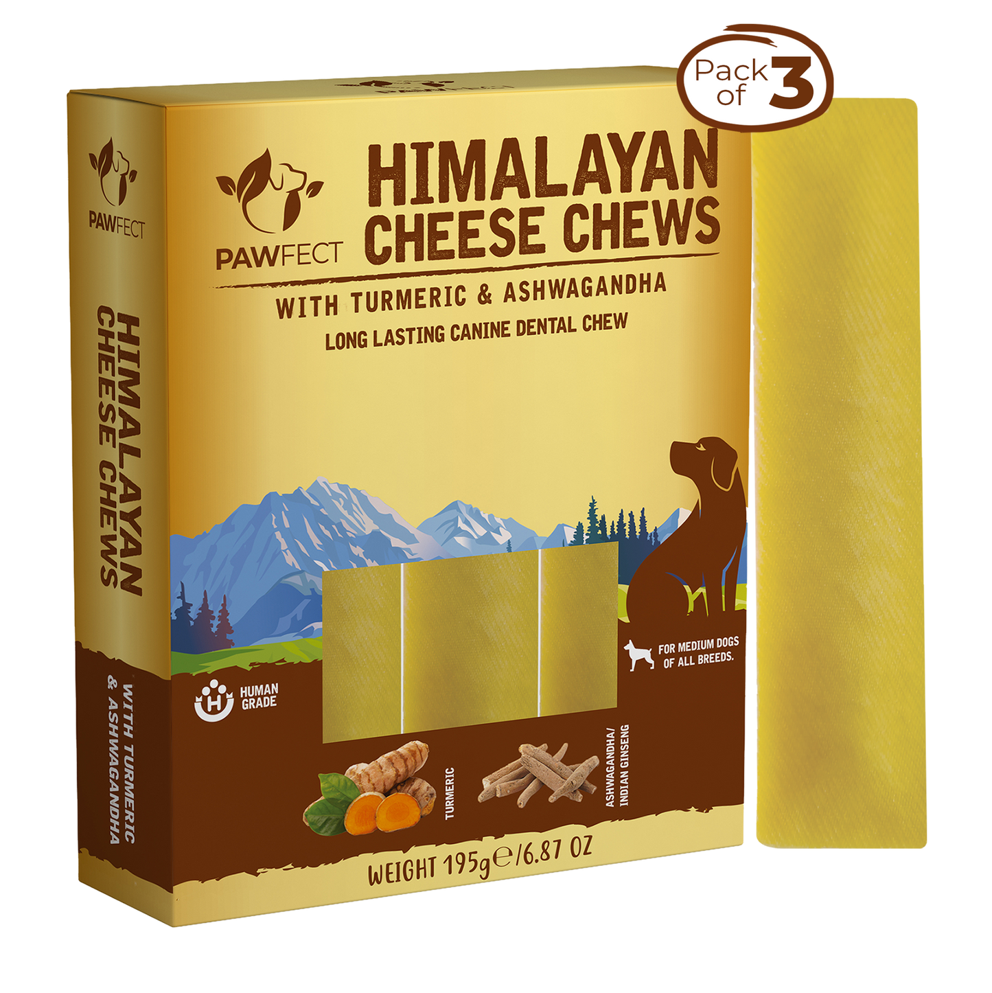 Himalayan Cheese Dental Chews - Turmeric & Ashwagandha - Pack of 3 Chews