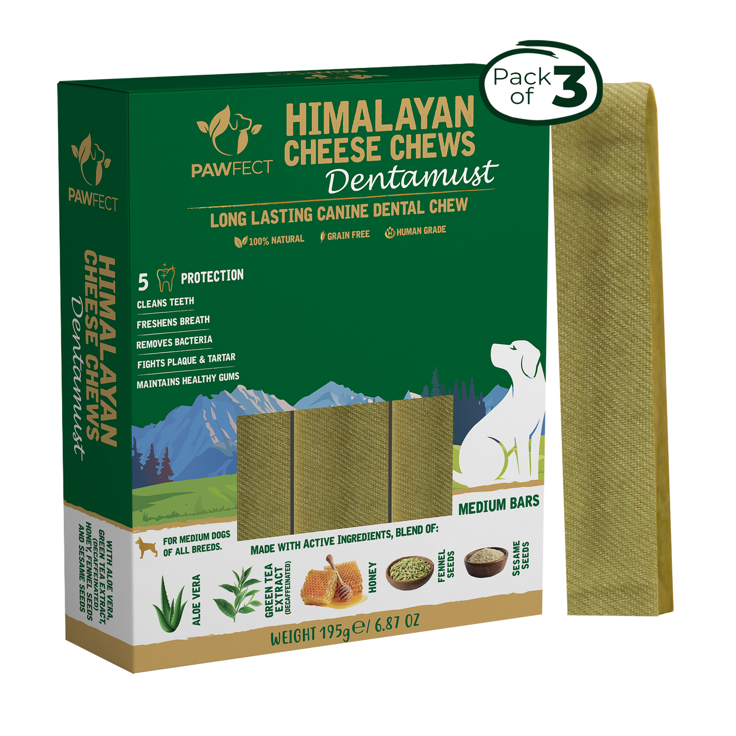 Himalayan Cheese Chews - Dentamust infused with Aloe Vera: Pack of 3 Chews