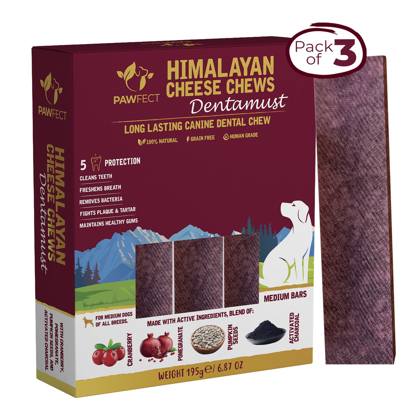 Himalayan Cheese Chews - Dentamust infused with Cranberry: Pack of 3 Chews