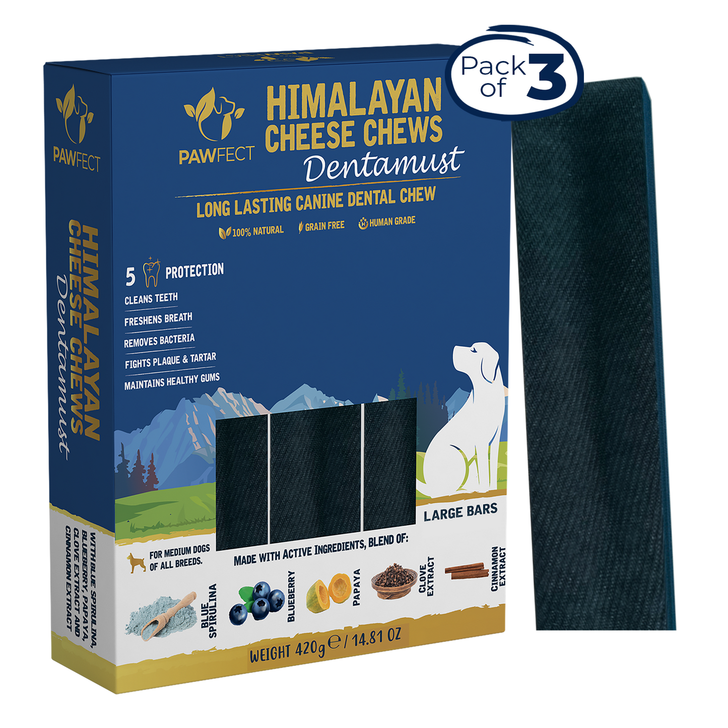 Himalayan Cheese Chews - Dentamust infused with Blueberry: Pack of 3 Chews