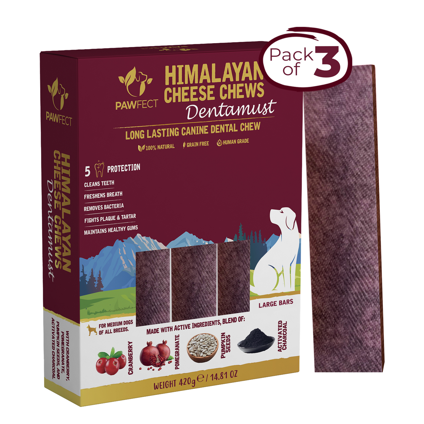 Himalayan Cheese Chews - Dentamust infused with Cranberry: Pack of 3 Chews