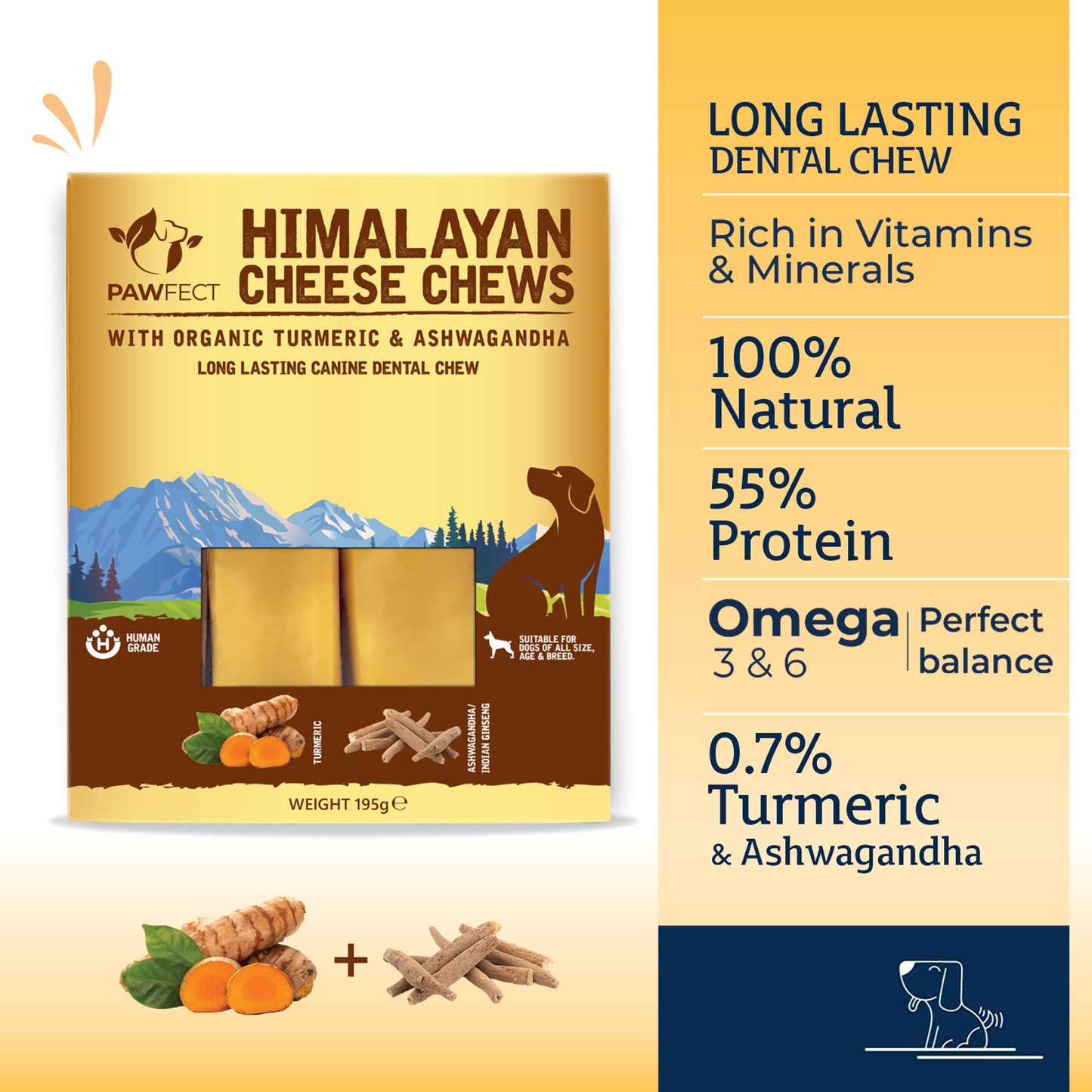 Himalayan Cheese Dental Chews - Turmeric & Ashwagandha - Pack of 3 Chews