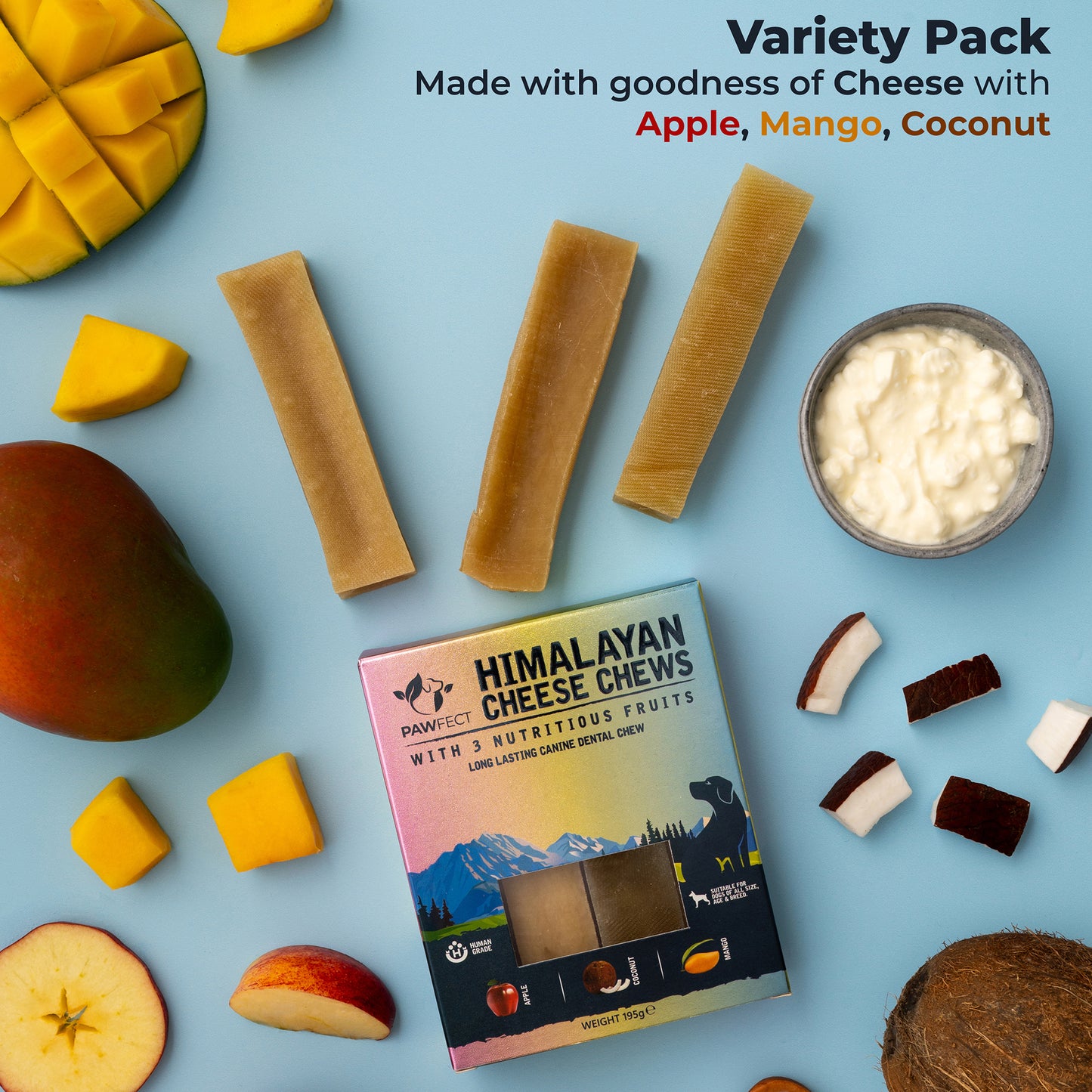 Himalayan Cheese Dental Chews - Apple, Coconut and Mango - Pack of 3 Chews